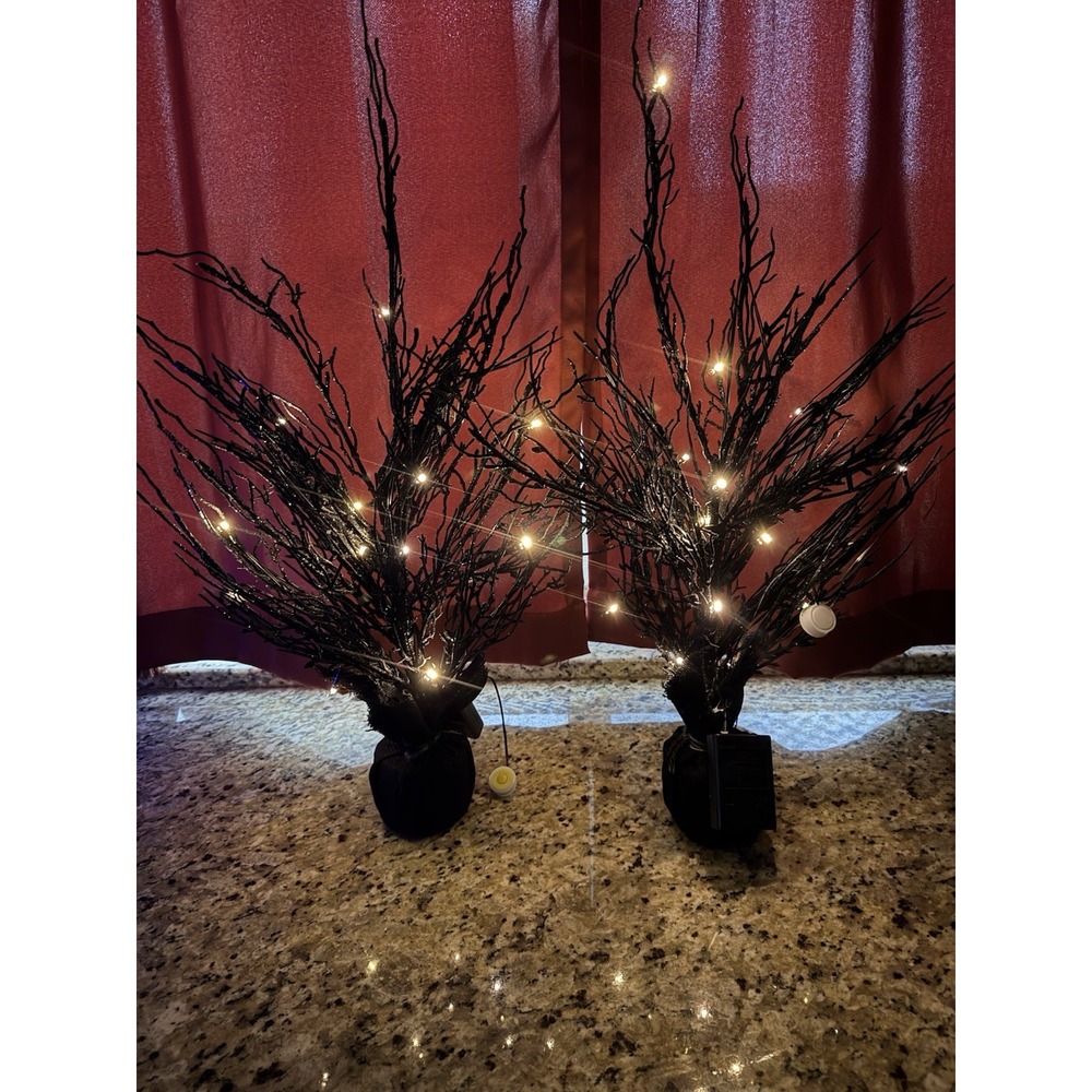 Spooky Light Up Textured Branch Black Table Top Halloween Trees Lot Of 2